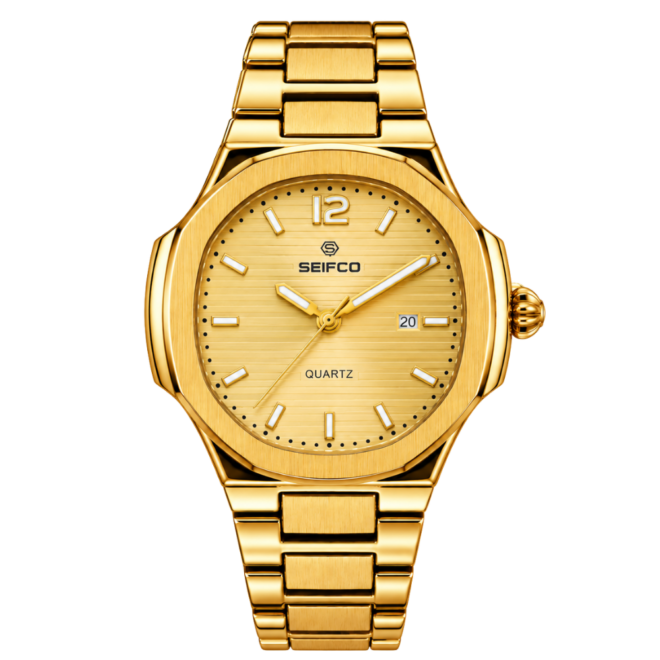 SEIFCO Classic Men’s Stainless Steel Quartz Watch with Gold Dial, Date Display and Gold Bracelet