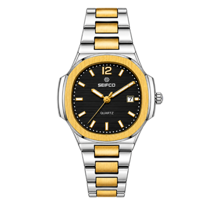 SEIFCO Classic Women Stainless Steel Quartz Watch, Black Dial, Silver Gold