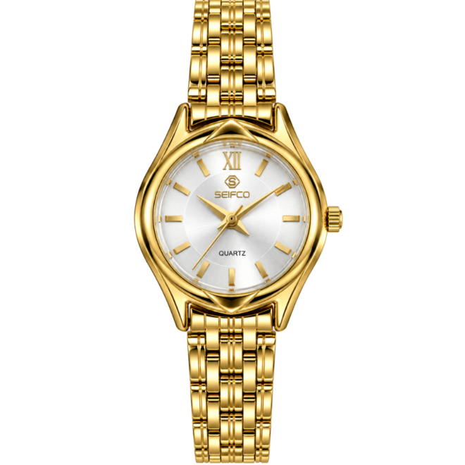 SEIFCO Classic Women’s Stainless Steel Quartz Watch with Silver Dial and Gold Bracelet