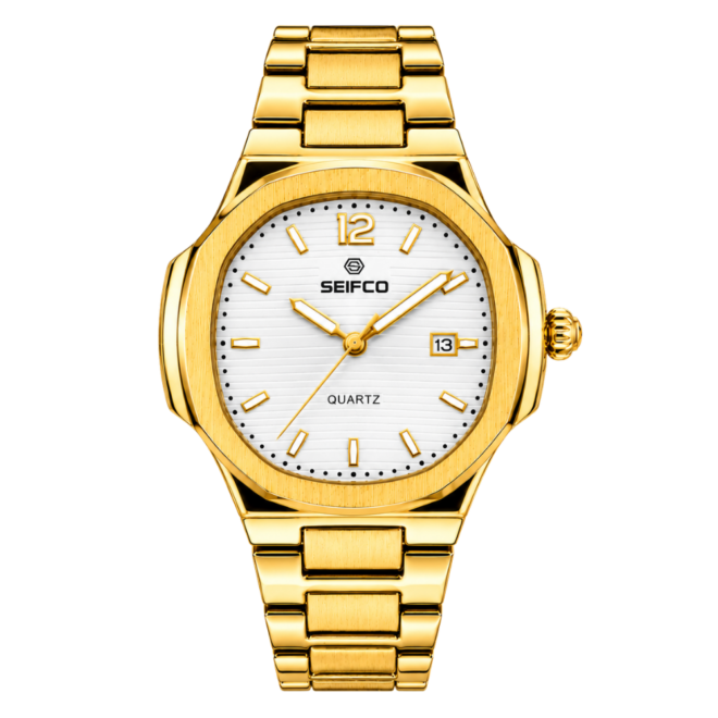 SEIFCO Classic Men's Stainless Steel Quartz Watch, White Dial, Gold