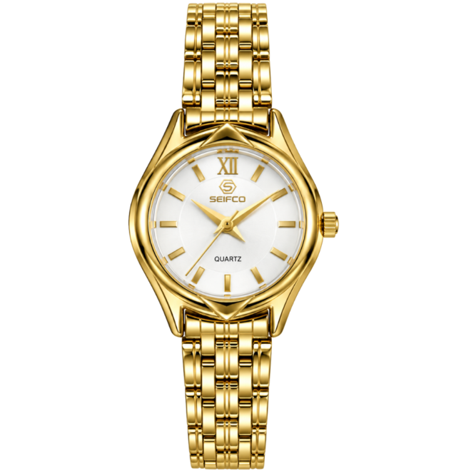 SEIFCO Classic Women’s Stainless Steel Quartz Watch with White Dial and Gold Bracelet