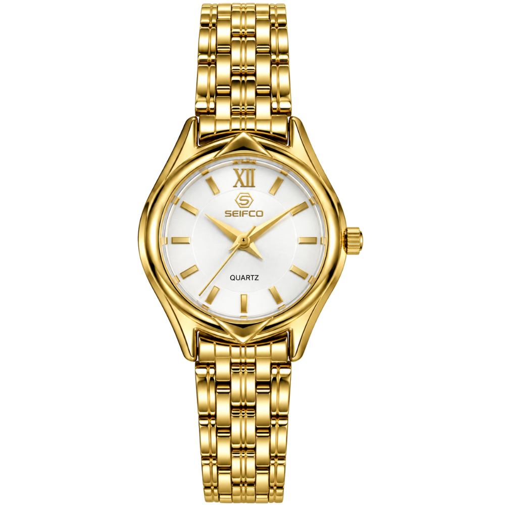 SEIFCO Classic Women’s Stainless Steel Quartz Watch with White Dial and Gold Bracelet
