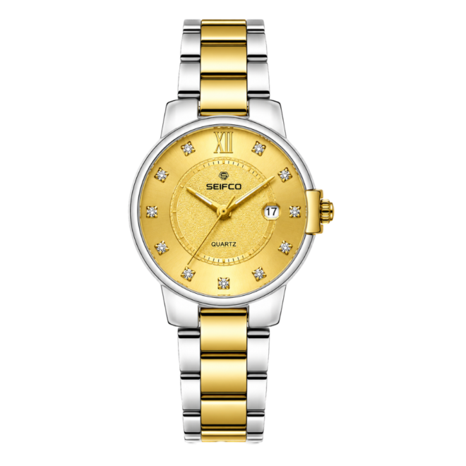 SEIFCO Classic Men's Stainless Steel Quartz Watch, Gold Dial, Silver Gold