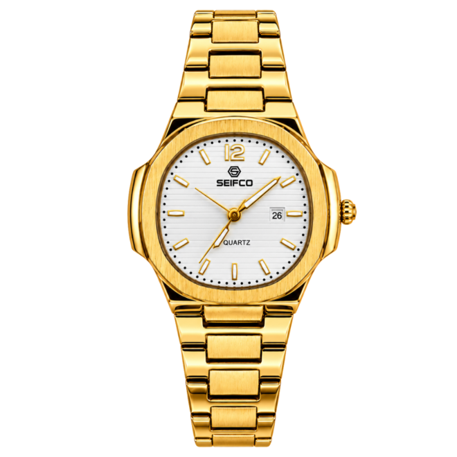 SEIFCO Classic Women Stainless Steel Quartz Watch, White Dial, Gold