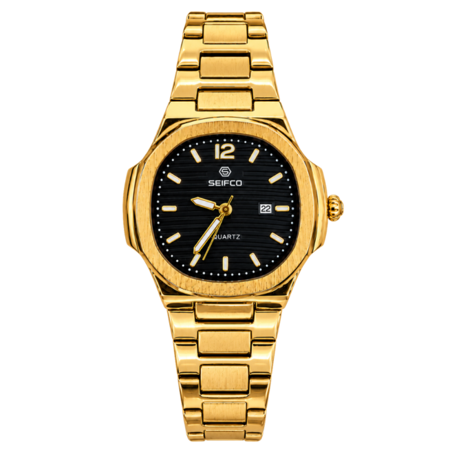 SEIFCO Classic Women Stainless Steel Quartz Watch, Black Dial, Gold