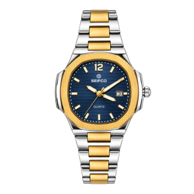 SEIFCO Classic Women’s Stainless Steel Quartz Watch with Blue Dial, Date Display and Two-Tone Silver-Gold Bracelet