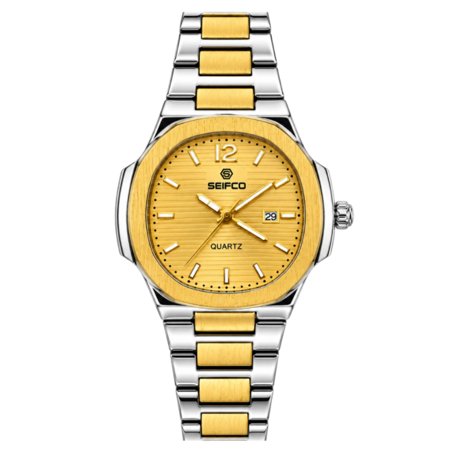 SEIFCO Classic Women Stainless Steel Quartz Watch, Gold Dial, Silver Gold