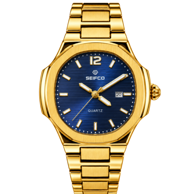 SEIFCO Classic Men’s Stainless Steel Quartz Watch with Blue Dial, Date Display and Gold Bracelet
