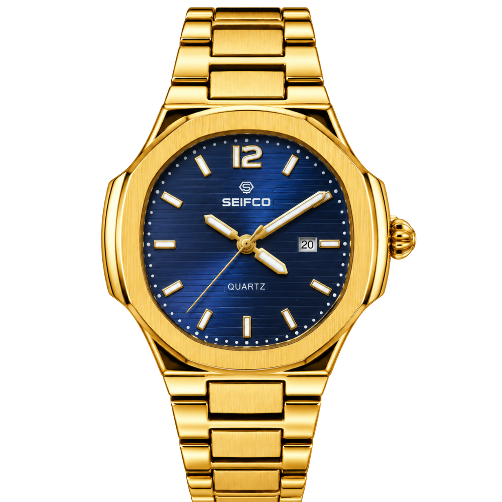 SEIFCO Classic Men’s Stainless Steel Quartz Watch with Blue Dial, Date Display and Gold Bracelet