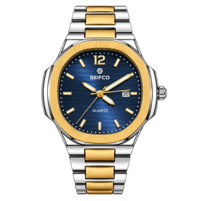 SEIFCO Classic Men’s Stainless Steel Quartz Watch with Blue Dial, Date Display and Two-Tone Silver-Gold Bracelet
