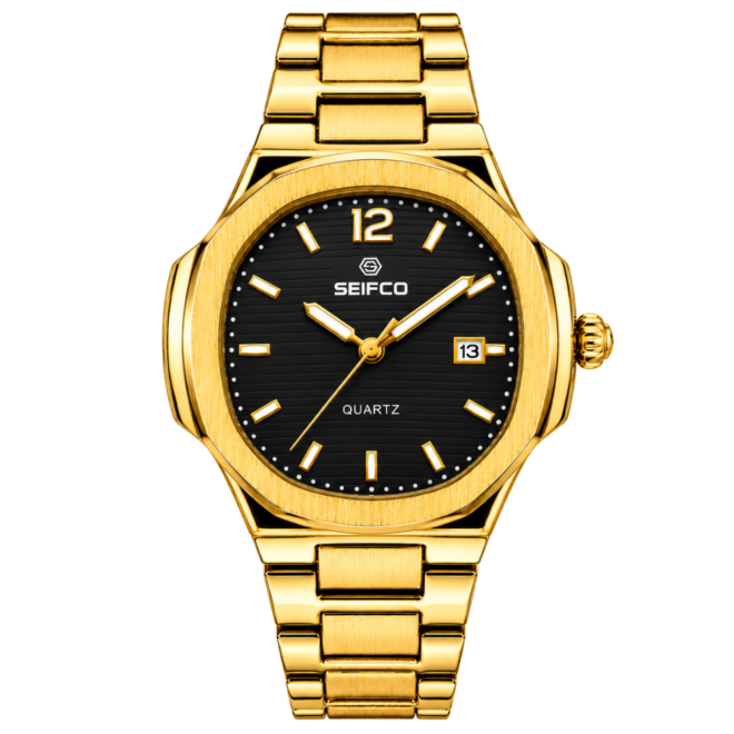 SEIFCO Classic Men's Stainless Steel Quartz Watch, Black Dial, Gold