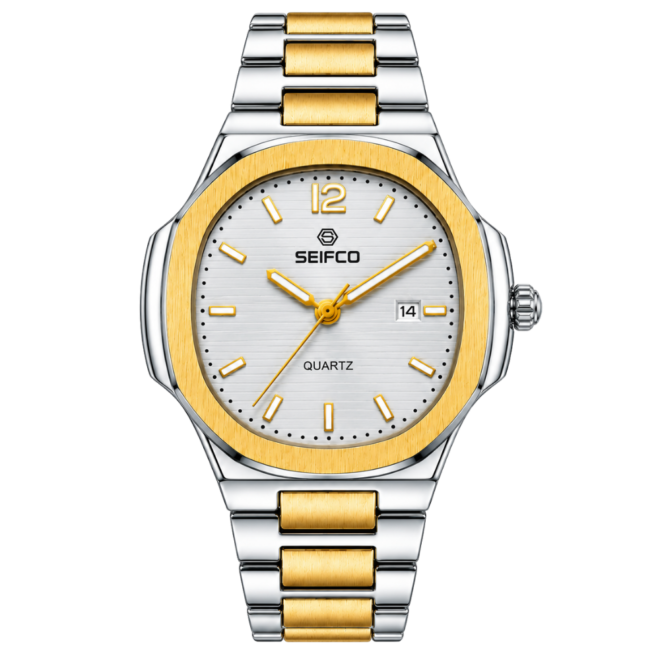 SEIFCO Classic Men's Stainless Steel Quartz Watch, White Dial, Silver Gold