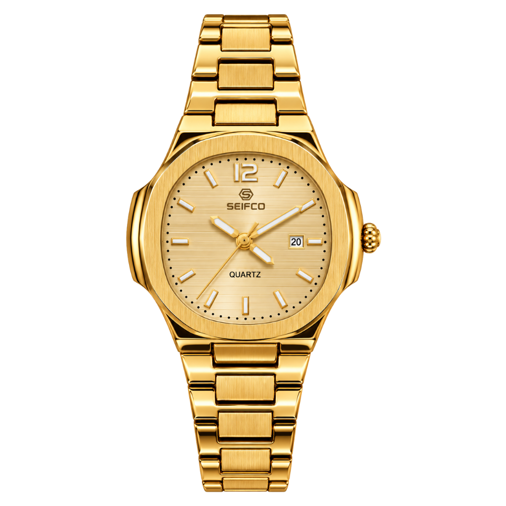SEIFCO Classic Women’s Stainless Steel Quartz Watch with Gold Dial, Date Display and Gold Bracelet