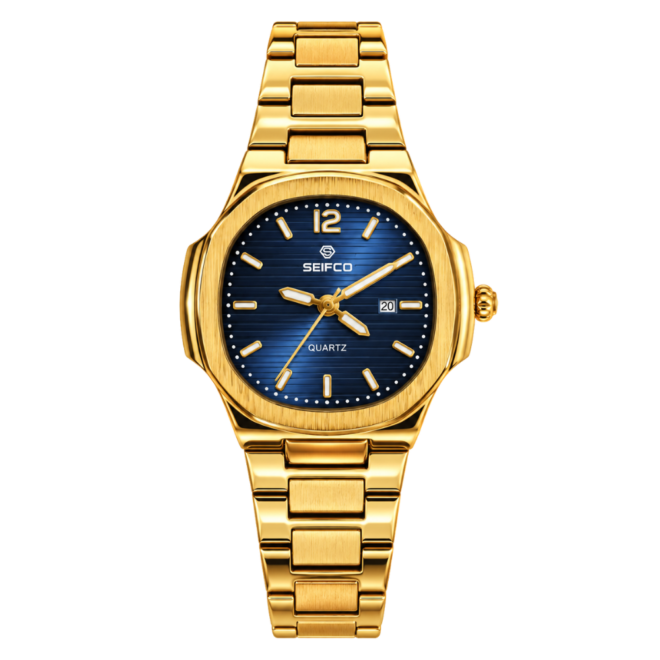 SEIFCO Classic Women’s Stainless Steel Quartz Watch with Blue Dial, Date Display and Gold Bracelet