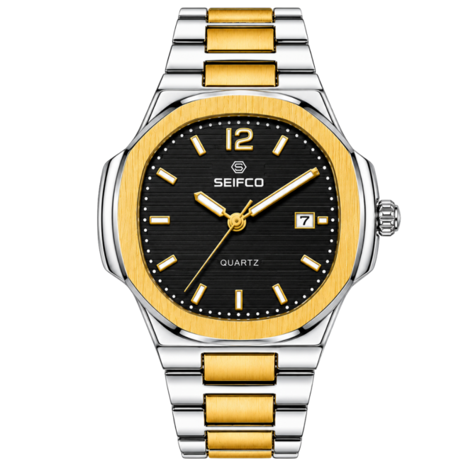 SEIFCO Classic Men's Stainless Steel Quartz Watch, Black Dial, Silver Gold